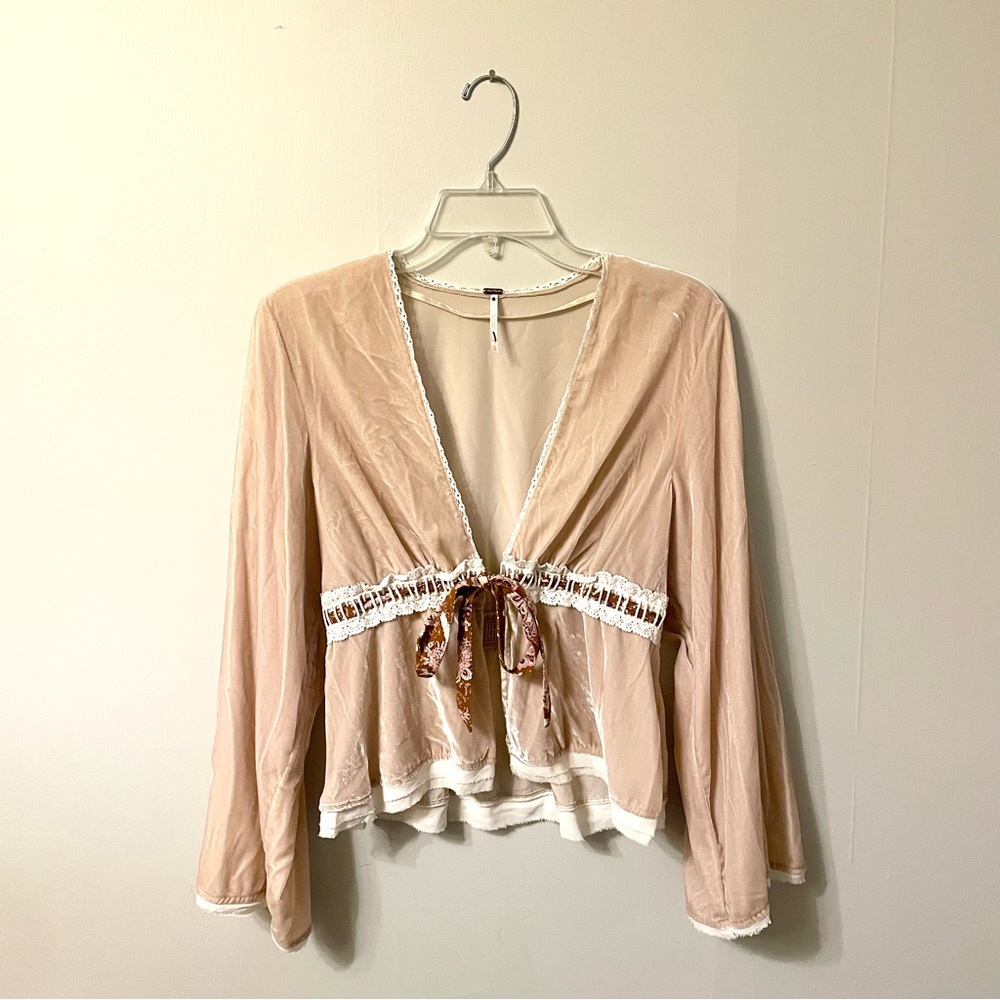 Free People Pink Velvet Tie Front Blouse